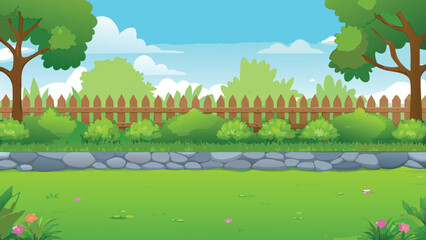 Scenic landscape illustration with trees fence and green lawn © PUNNABEGUM