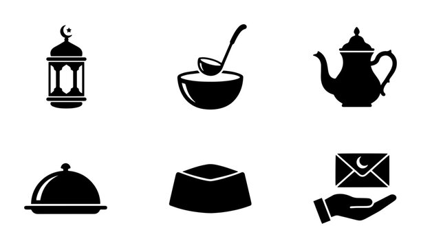 Islamic Icons Set: Ramadan Lantern, Soup Bowl, Teapot, Food Cover, Kufi Hat, Email Envelope, 6 Vector Graphics
