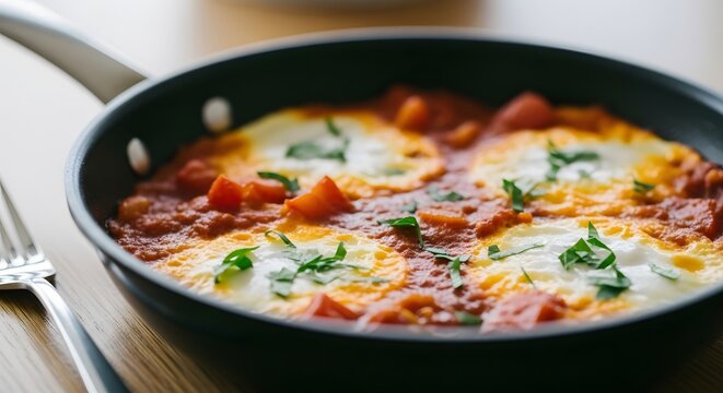 Shakshuka with poached eggs and tomato sauce served in a frying pan