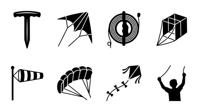 Kite Flying Icons, Wind Sock, Parachute, Spool, and Person Silhouette Vector Set