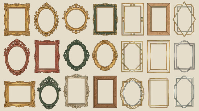 Extensive collection of ornamental decorative frame and elegant vintage border featuring diverse geometric shape suitable for luxury photo display, classic mirror outline, or digital art.