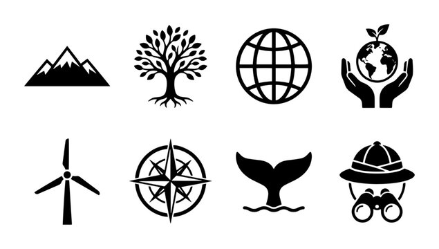 Eco-Friendly Icons Set: Nature, Earth, Exploration, and Sustainability Symbols. Vector Graphics for Environmental Concepts.