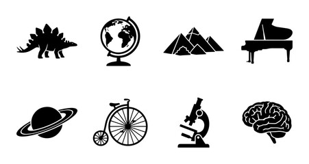 Diverse Icon Set: Dinosaur, Globe, Mountains, Piano, Planet, Bicycle, Microscope, Brain Icons © Sijan