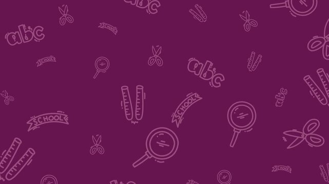 Seamless looping back to school pattern animation with line art education icons including scissors, rulers, magnifier, and alphabet. Motion graphic for educational overlays.