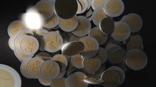Sweeping rod striking pile, sending bimetal coins lifting, tumbling, scattering on dark table lit