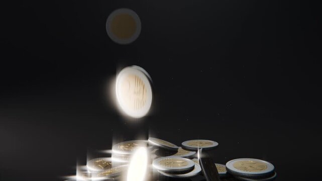 Falling bimetallic coins colliding with stacked pile on dark studio surface, accumulating sparks