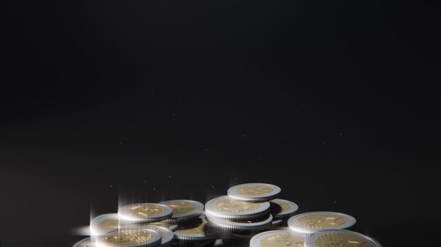 Coins dropping from above, flipping and colliding on black surface in studio, forming two-tone pile