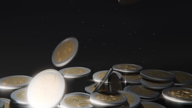 Falling from above gold-center, silver-rimmed coins striking stacks on dark plane, producing flares