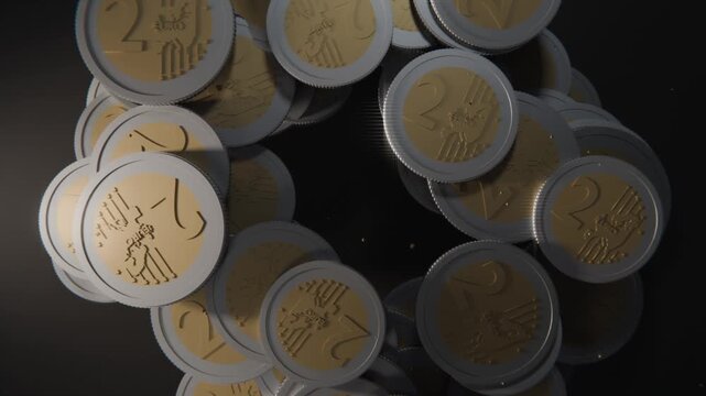 Spinning coin impacting bimetallic coins on glossy black tabletop, causing coins to slide into ring