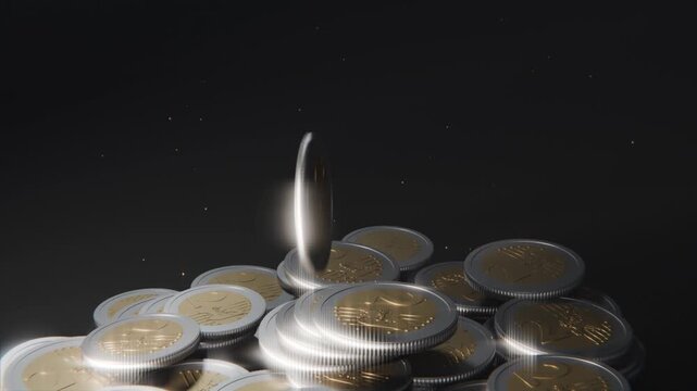 Dropping coin striking pile of bimetal coins on glossy base, with motion-blur and highlights