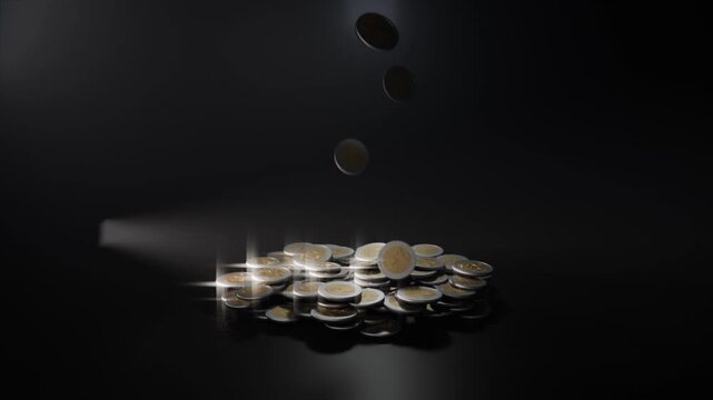 Falling shiny coins striking coin pile on black table, growing pile and creating left beam flares