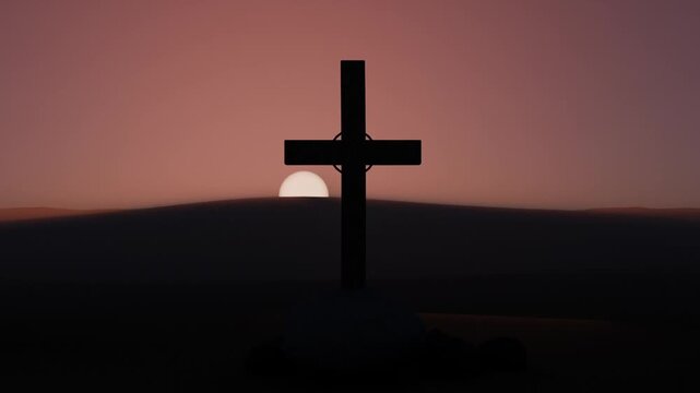 Rising sun backlighting wooden cross centered on ridge, bringing halo on small metal ring