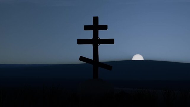 Rising sun slowly lighting hills, solitary multi-bar cross silhouette standing centered on rise