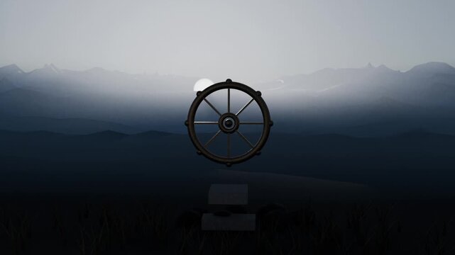 Rotating ship's wheel growing as sun rising, lighting sky at misty shore, showing base and ridges