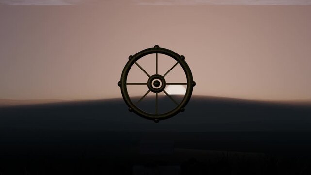 Brightening backlight near horizon revealing ship's wheel at sea dawn, with dark water