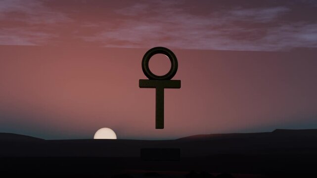 Rising sun slowly illuminating dawn sky over arid mesas, emblem hovering above pedestal