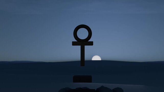 Rising bright orb revealing centered ankh-like symbol at dawn on plain with low bar and rocks
