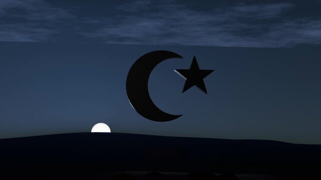 Featuring crescent-star emblem staying centered over hills with dawn arriving and rising white disc