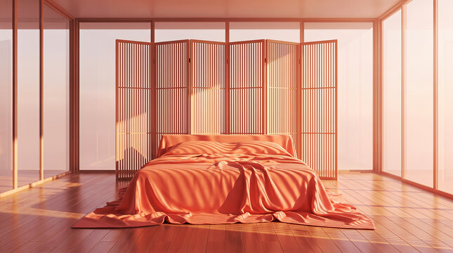 Minimalist bedroom with orange bedding and folding screen room divider