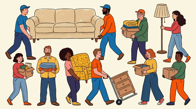 Professional team of movers and diverse people carrying home furniture including a heavy sofa, comfortable armchair, and wooden commode across a clean floor during a residential house relocation.