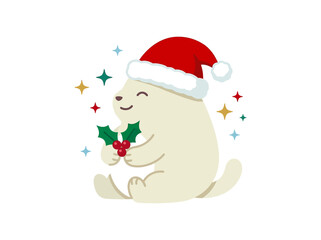 Cute cartoon polar bear cub in Santa hat holding holly. Festive Christmas illustration with stars on white background. © Suti