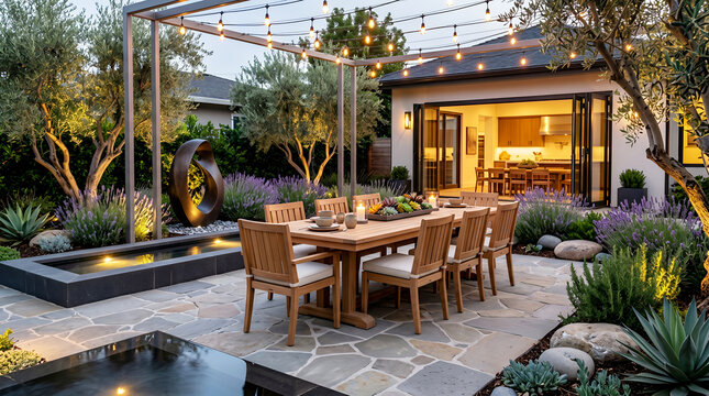 Outdoor dining patio with water feature and modern home dining table chairs wooden furniture