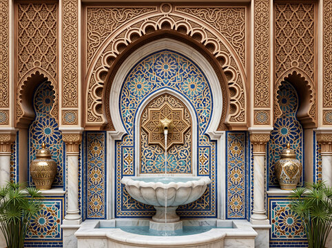 Ornate moroccan fountain with intricate tilework and golden accents water