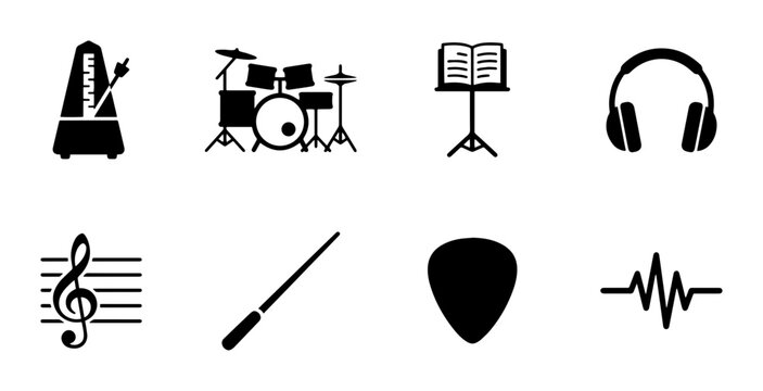 Music Icons Set: Metronome, Drum Kit, Stand, Headphones, Treble Clef, Baton, Pick, Soundwave