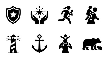 Family Safety Icons, Security Shield, Lighthouse, Anchor, Bear Cub, Vector Graphics © Mobarok