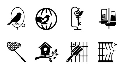 Fototapeta premium Bird Icons Set: Cages, Feeders, Nets, and Houses, Vector Graphics