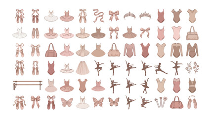 Elegant ballet icons set, pink ballerina clothing and dance accessories vector, 75 ballet elements including tutus and pointe shoes for girls © noor