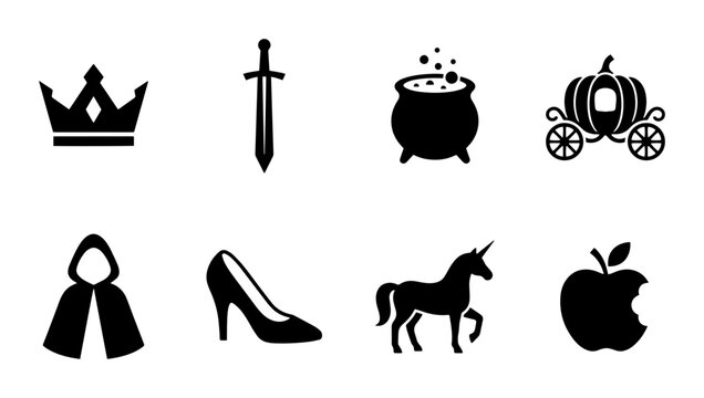 Fairy Tale Icons Set: Crown, Sword, Potion, Carriage, Hooded Cloak, Shoe, Unicorn, Apple