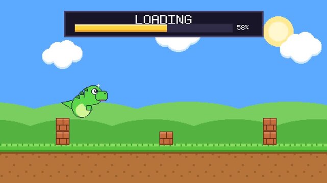 8-Bit Retro Gaming Loading Screen with Cute Pixel Art Dinosaur. Pixelated Progress Bar Template with Green Hills and Blue Sky Background.