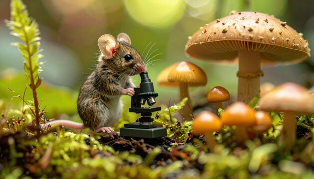 Tiny mouse examines tiny microscope among vibrant mushrooms and forest flora