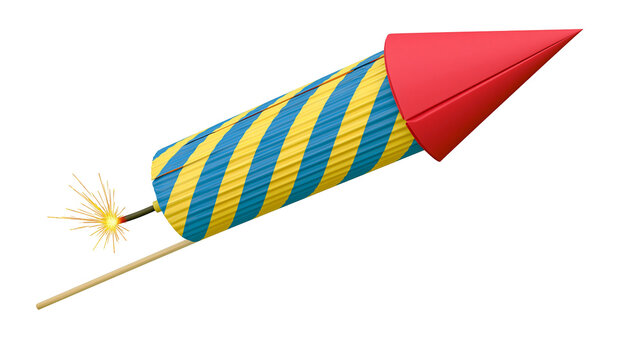 Firecracker with blue and yellow stripes and red tip, lit fuse