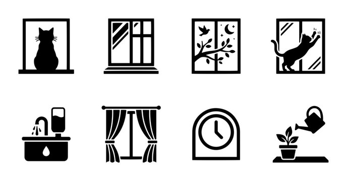 8 Window and home objects linear icon set cat plant watering clock curtains, UI and web interface design