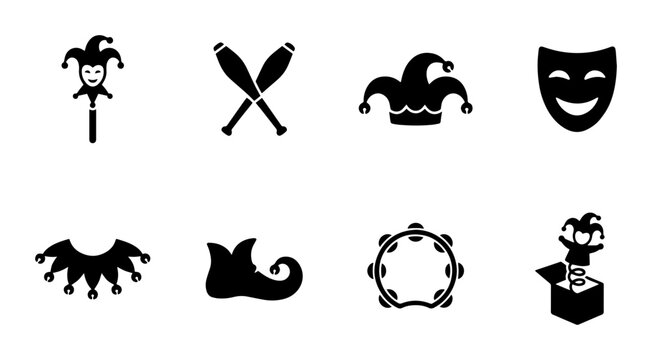 8 Carnival icons set jester hat juggling pins mask jester collar elf shoe tambourine jack in the box, UI and web interface design