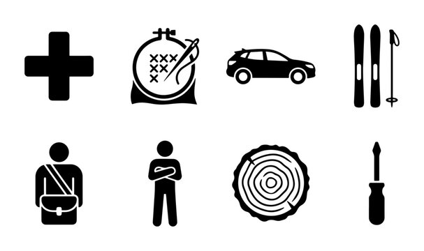 8 Objects linear icon set medical cross embroidery hoop car skis person wood slice screwdriver, UI web interface design