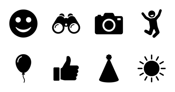 8 simple icons set smiley face binoculars camera jumping person balloon thumbs up party hat sun UI web interface design