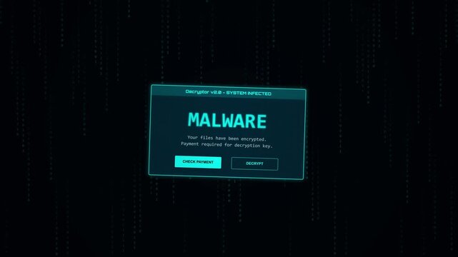 Digital screen displaying the word MALWARE with glitch effects, data streams in background