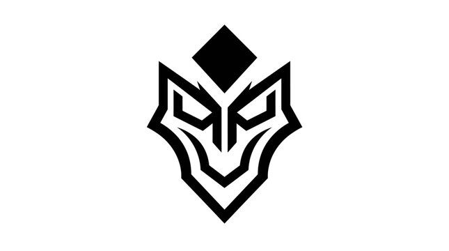 Black geometric wolf mask logo on white background.