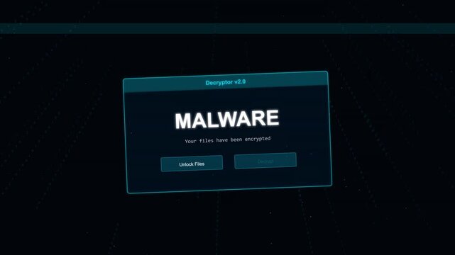 Digital screen displaying a malware warning message with error text and buttons, abstract dark background with digital data stream