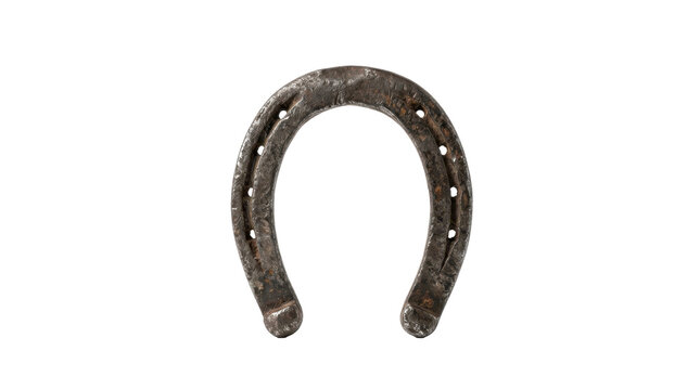 A single rusty horseshoe with nail holes on a white background
