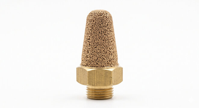 Macro of a brass and sintered bronze pneumatic air exhaust muffler silencer, isolated on a white background.