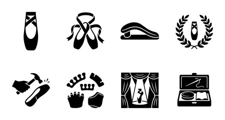 Ballet Icons Set: Pointe Shoes, Dance Accessories, Stage Performance, Award Emblem, 8 Vector Graphics © Sizan