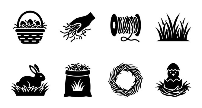 Easter Icons Set: Bunny, Chick, Basket, Nest, Grass, Twine, Wreath, Hand Sowing Seeds Vector Graphics