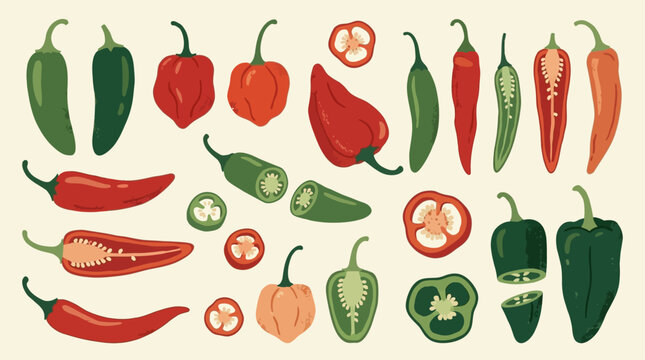 Composition of diverse red and green hot chili peppers displayed in whole and sliced forms, featuring cross-sections and lateral views of various spicy capsicum varieties on a neutral background.