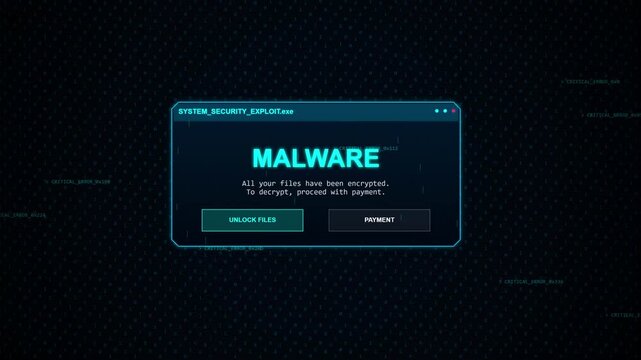 Digital computer screen displaying a malware alert message with glitch effects, cybersecurity warning, system error