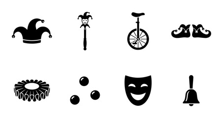 Circus Icons Set: Jester Hat, Mask, Unicycle, Bell, Juggling Balls, Shoes, Collar, Wand © Sizan