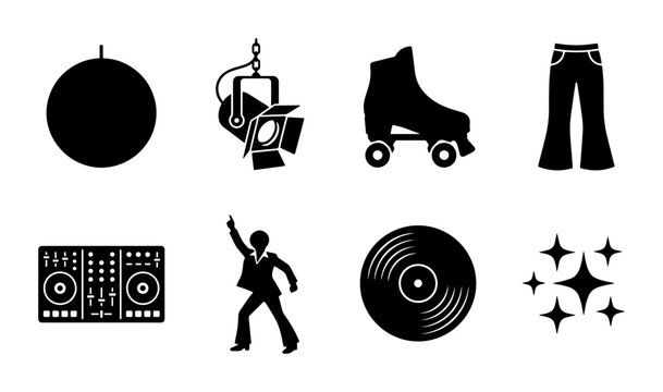 Retro Disco Icons Set: Roller Skates, DJ Booth, Vinyl Record, Flared Jeans, Disco Ball, Dancer, Spotlight, Sparkles